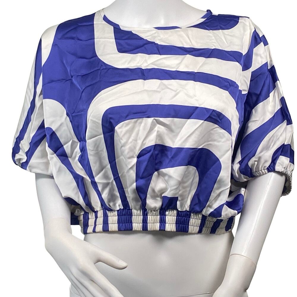 Worthington Blouse Women's Petite Small PS Round Neck Satin Cropped Geometric - Picture 1 of 6